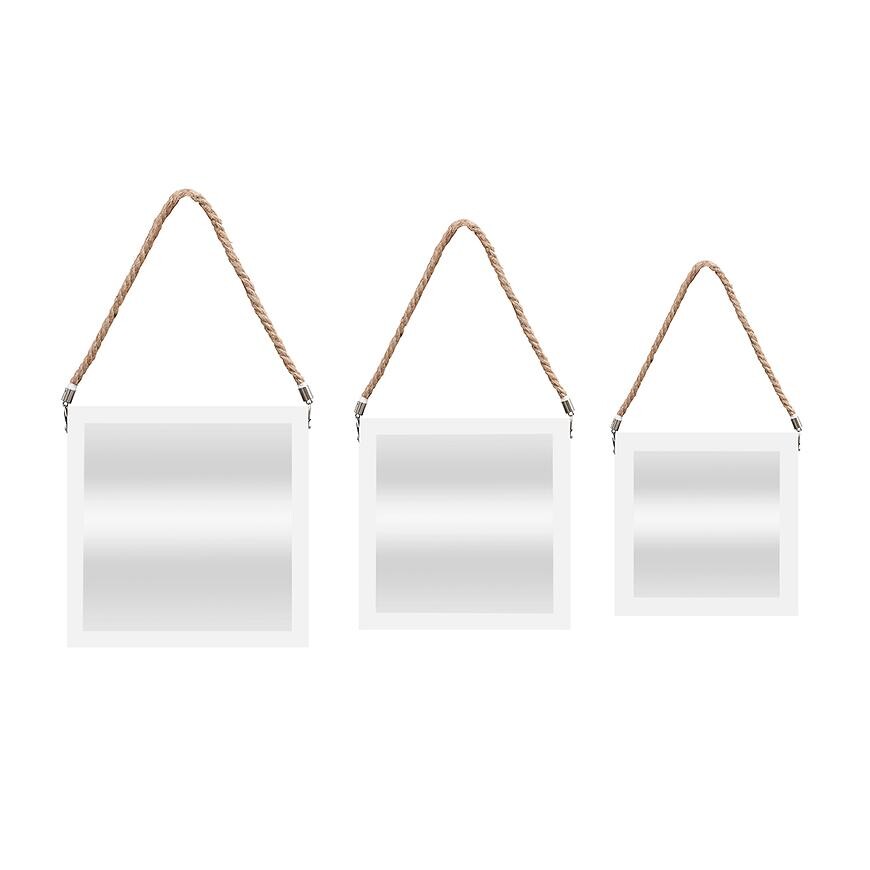 Súprava ozdobných štvorcových zrkadiel na šnúrke 3 ks biely rám