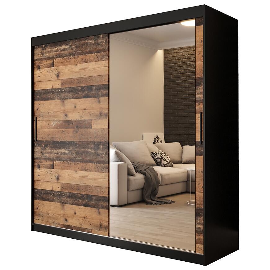 Skriňa Old Wood T2 200 Čierna/Old Style/zrkadlo