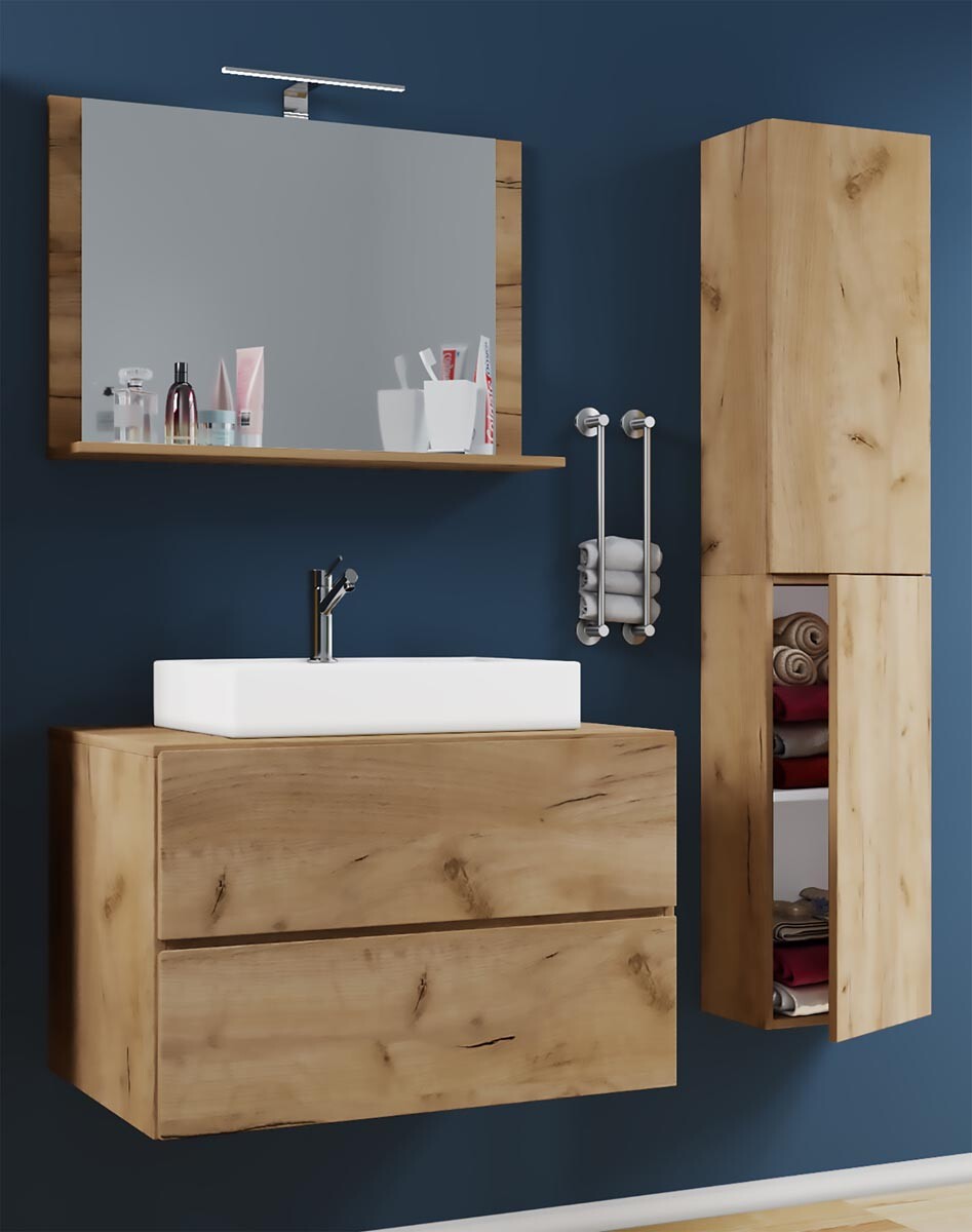 4-dielna umývadlová skrinka Lendas M 80 cm so zrkadlom a vysokou skrinkou, dub medový