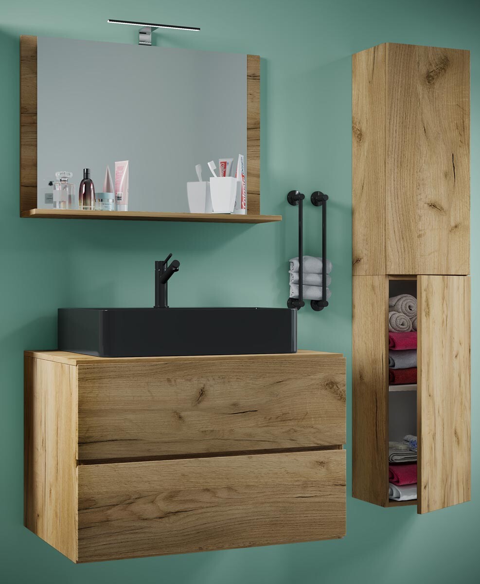 4-dielna umývadlová skrinka Lendas BL L so zrkadlom 80 cm + vysoká skrinka, medový dub