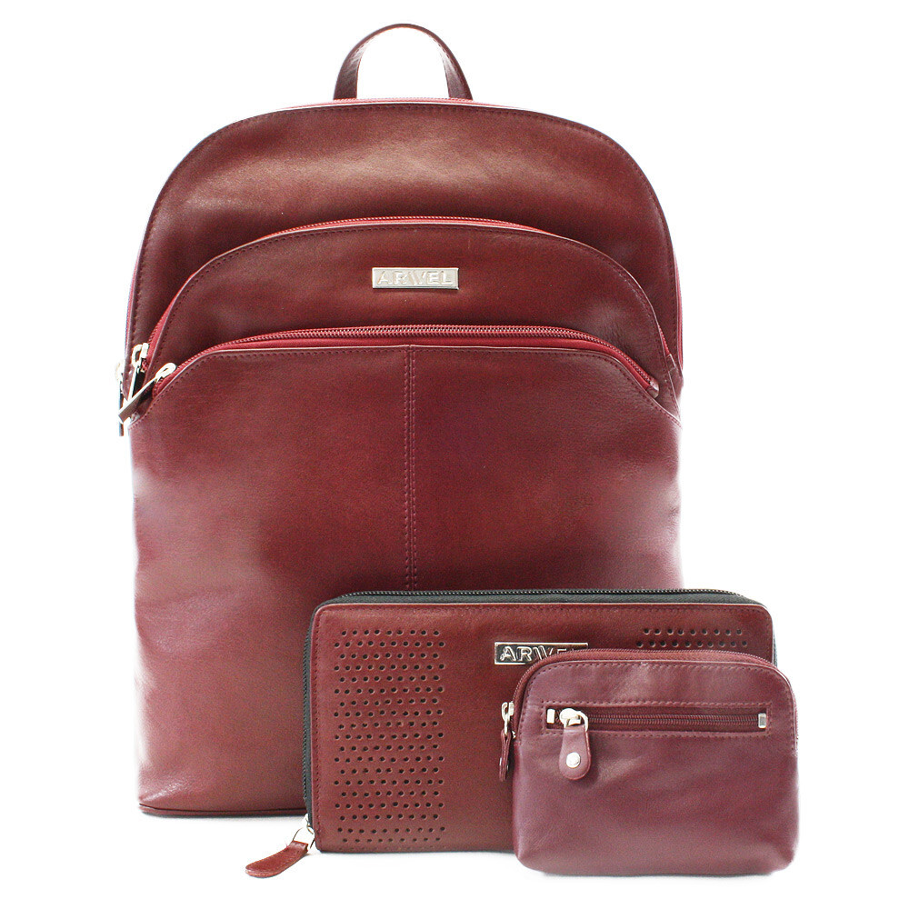 Vínovo červená sada dámskeho batohu, peňaženky a kľúčenky 412-8955-4722-8104-34