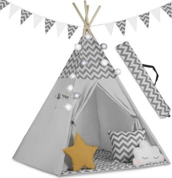 Nukido Dětský stan Tepee se světlem - šedý, 740021