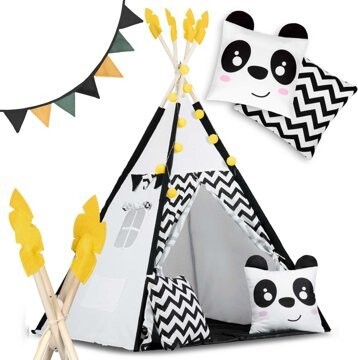 Nukido Dětský stan s girlandou a světly - bílý, černý s pandou