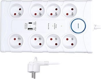 Solight prepäťová ochrana, 8 zásuviek, USB A+C, 2 m, biela