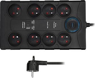 Solight prepäťová ochrana, 8 zásuviek, USB A+C, 2 m, čierna