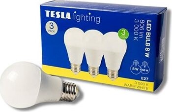 Tesla – LED žiarovka BULB E27, 8 W, 230 V, 806 lm, 25 000 h, 3 000 K teplá biela, 220st 3ks v balení