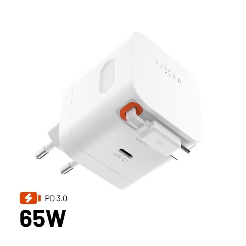 FIXED Sieťová GaNnabíjačka s 2xUSB-C výstupom PD 3.0, so samonavýjacím káblom, 65W, biela FIXCG65R-2C-WH