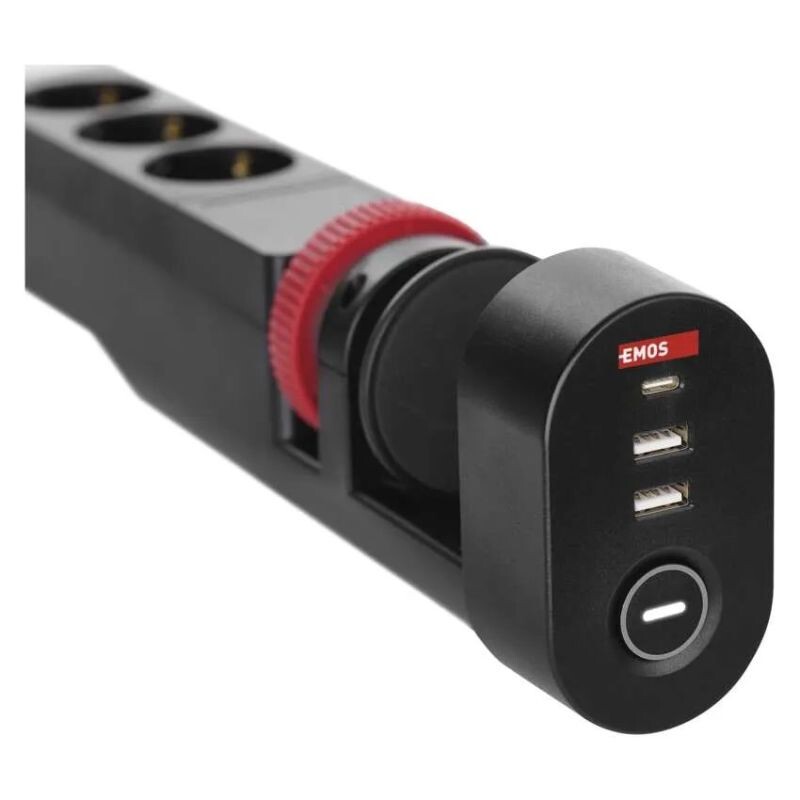 EMOS Predlzovaci kabel 16A (3zás.+ vypínač + 3 USB A+C) 1,5M Čierny FIX NA STÔL P1311PD