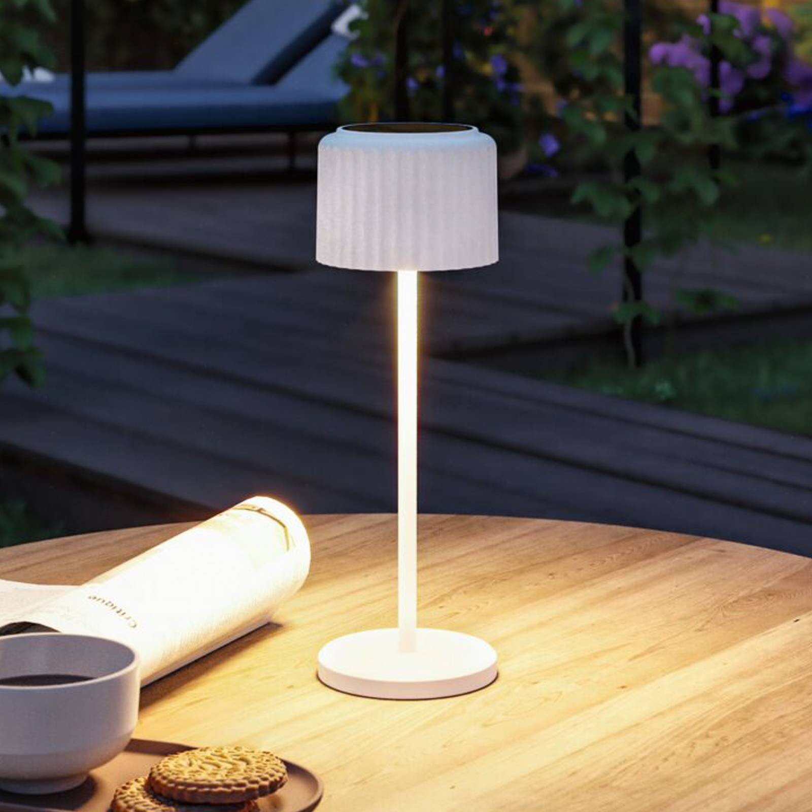 Paulmann LED solárna stolová lampa Else, biela, IP44, stmievateľné