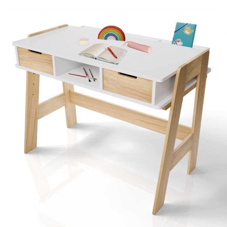 Detský písací stôl biely, výškovo nastaviteľný, úložný pries