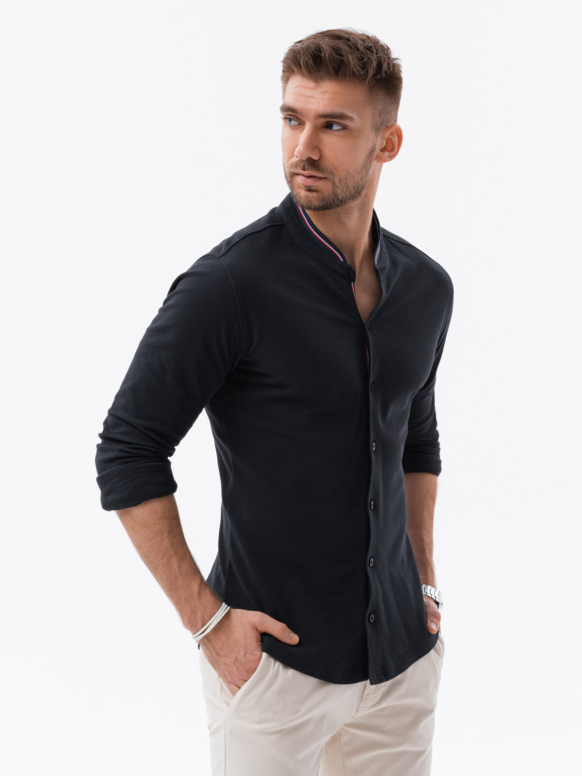 Ombre Men's cotton SLIM FIT shirt with stand-up collared collared stripes - black