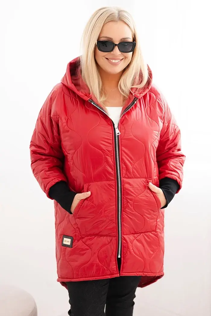 Kesi Włoski Dámska bunda Plus Size prešívaná s kapucňou červená