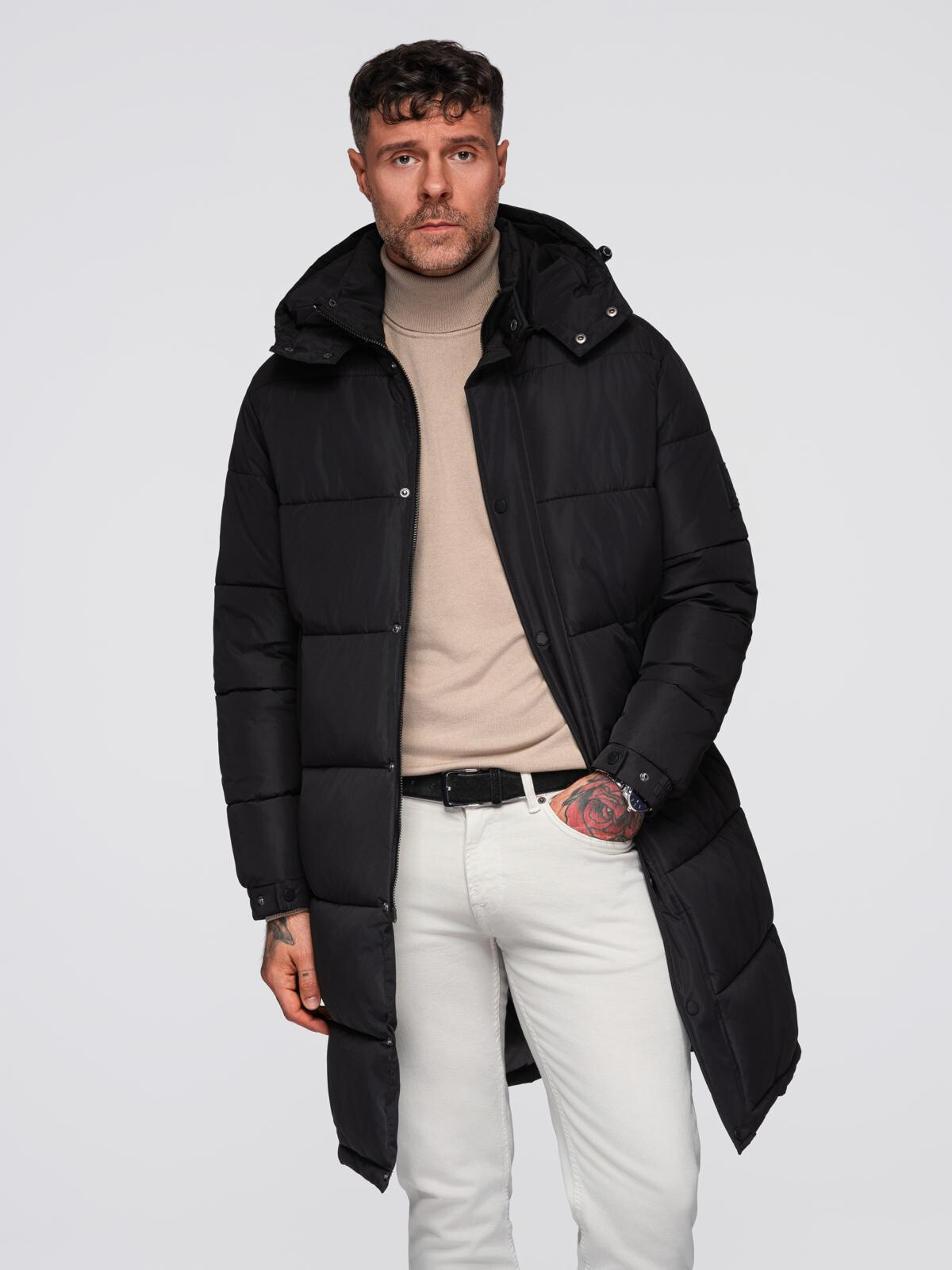 Ombre Men's long quilted winter jacket with hood - black