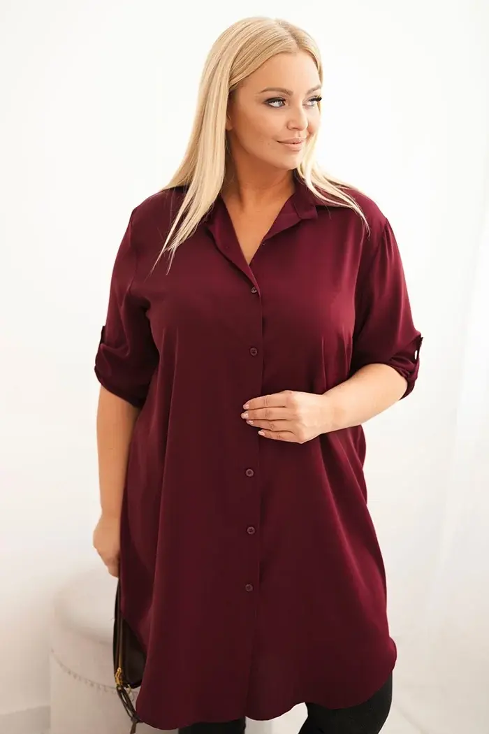 Kesi Włoski Dámska košeľová sukňa Plus Size s dlhším zadným dielom a vyhrnutým rukávom slivková