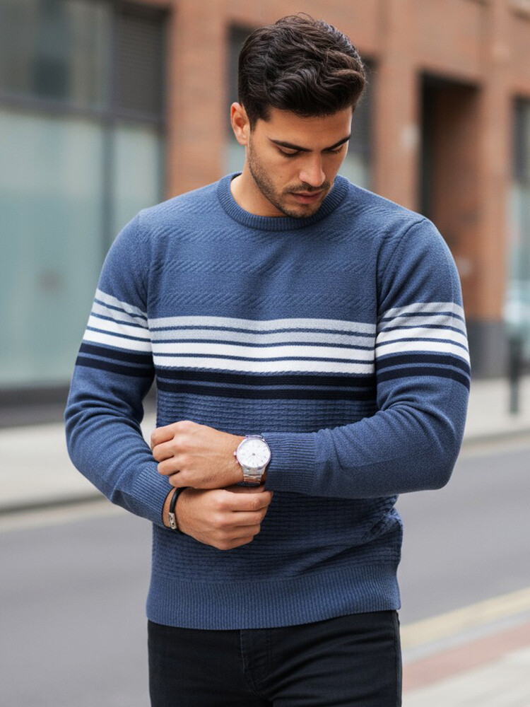 Pánsky modrý pruhovaný sveter