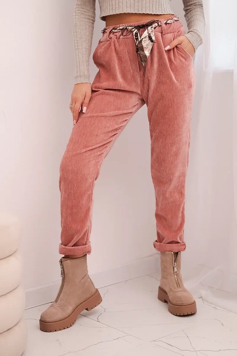 Kesi Włoski Dámske nohavice z viskózy s šatkovým opaskom tmavo ružové