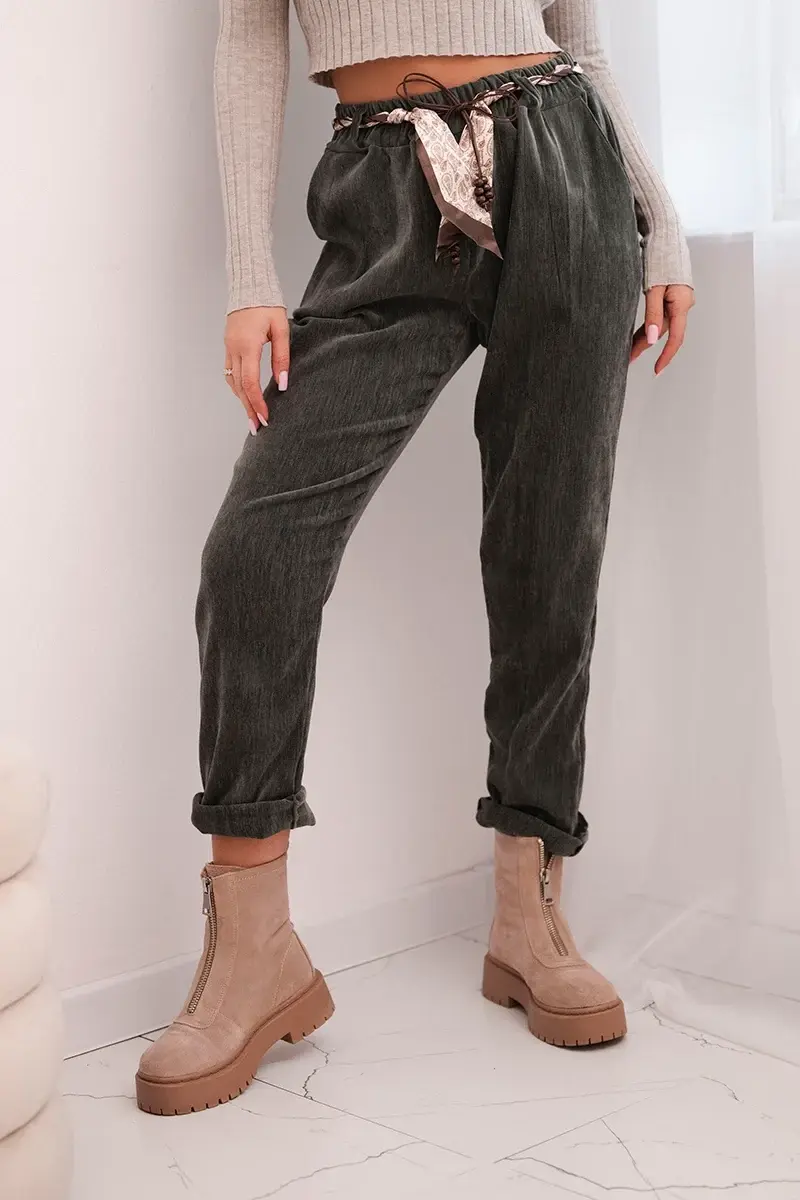 Kesi Włoski Dámske nohavice z viskózy s šatkovým opaskom khaki