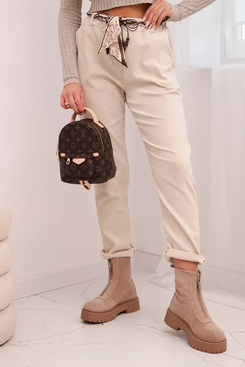 Kesi Włoski Dámske nohavice z viskózy s šatkovým opaskom béžové