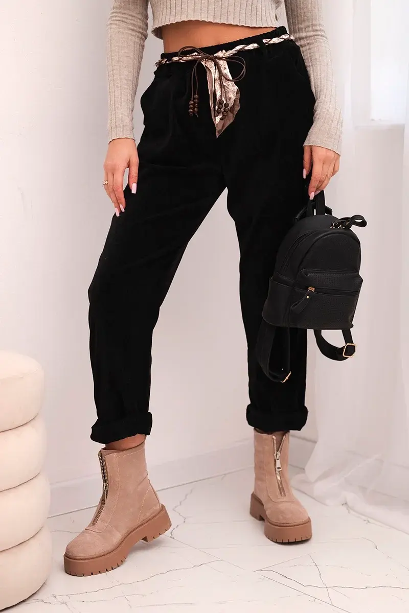 Kesi Włoski Dámske nohavice z viskózy s šatkovým opaskom čierne