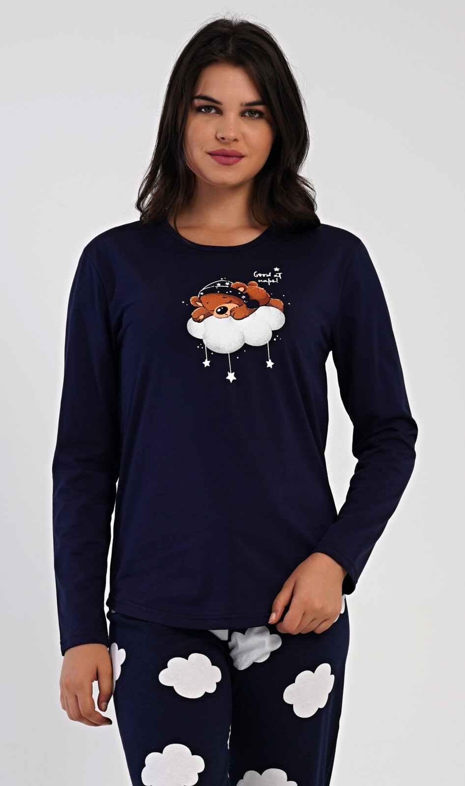 Dámske dlhé pyžamo Medveď na obláčiku tmavě modrá M