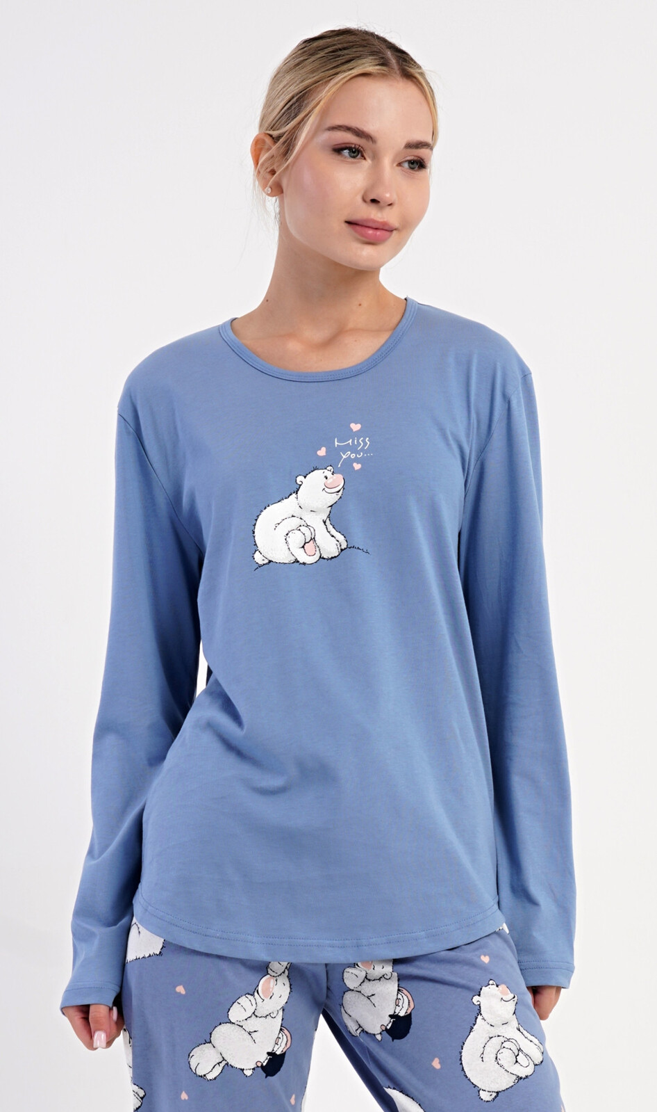 Dámske dlhé pyžamo Medveď a tučniak modrošedá S