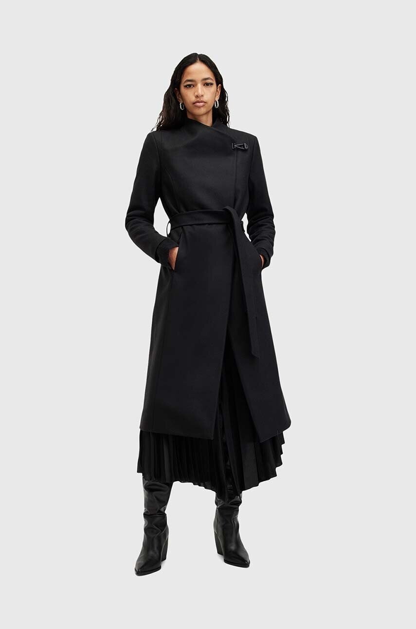 Vlnený kabát AllSaints RILEY čierna farba, prechodný, W009OZ