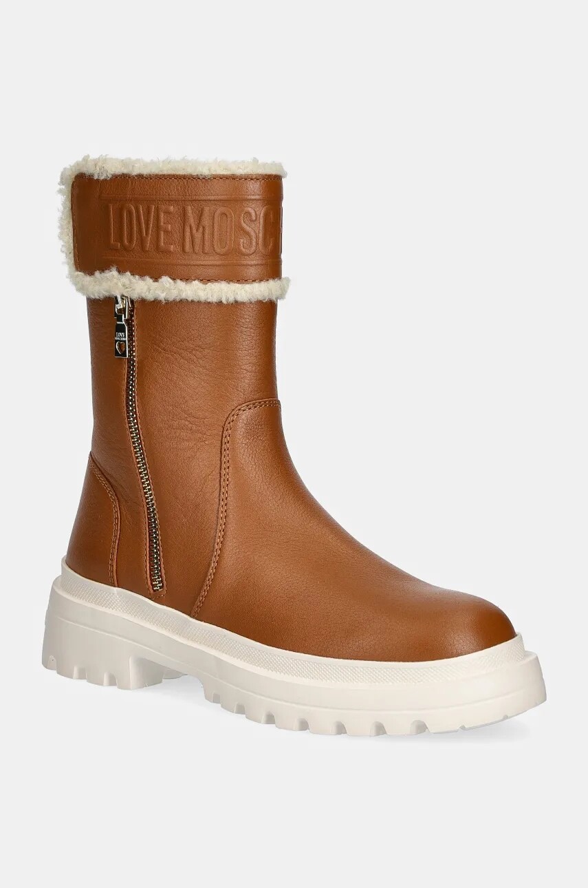 Členkové topánky Love Moschino dámske, hnedá farba, na plochom podpätku, jemne zateplené, JA24245G0LIC620A