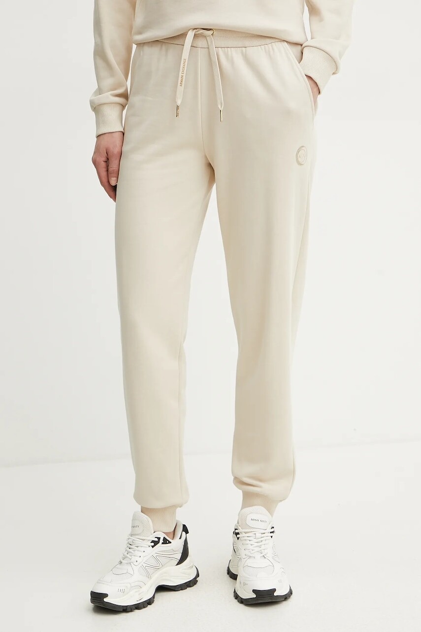 Bavlnené tepláky Armani Exchange dámske, béžová farba, s potlačou, XW000319 AF12217