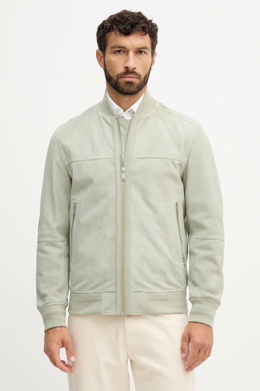 Semišová bunda BOSS Orange Johice zelená farba, prechodná, 50543505