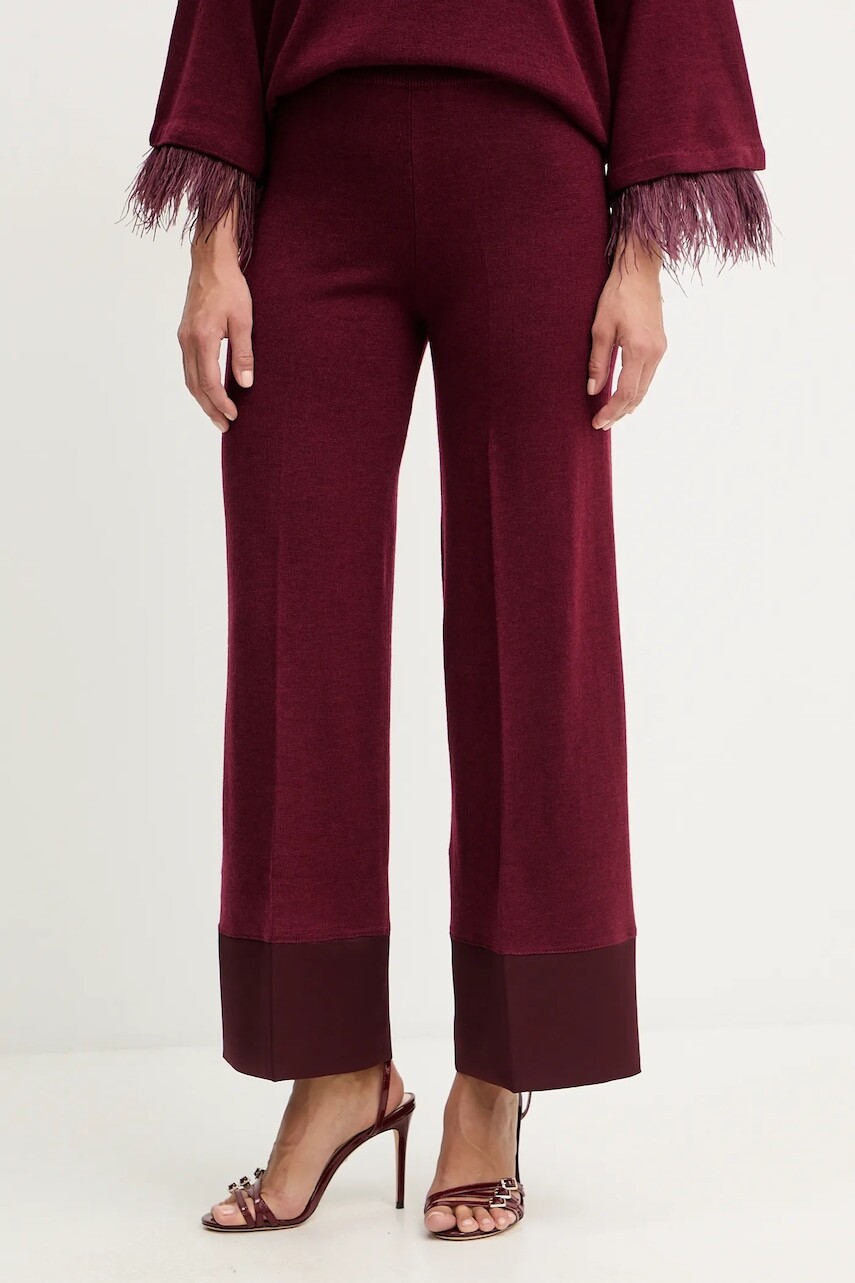 Nohavice s prímesou vlny Twinset bordová farba, rovný strih, vysoký pás, 252LL3FBB