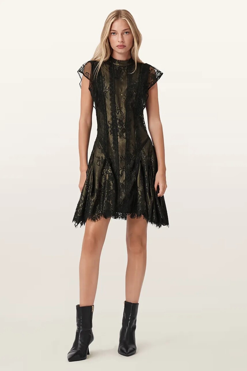 Šaty AllSaints FLEUR čierna farba, mini, áčkový strih, W132DD