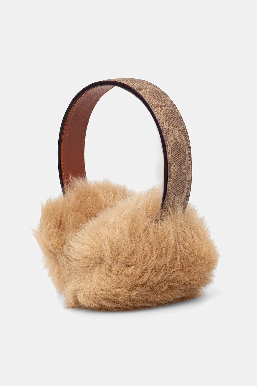 Klapky na uši s prímesou vlny Coach hnedá farba, 29CCL09