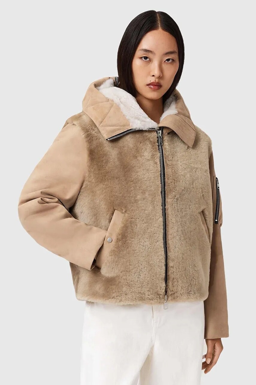 Semišová bunda AllSaints béžová farba, prechodná, W062LD