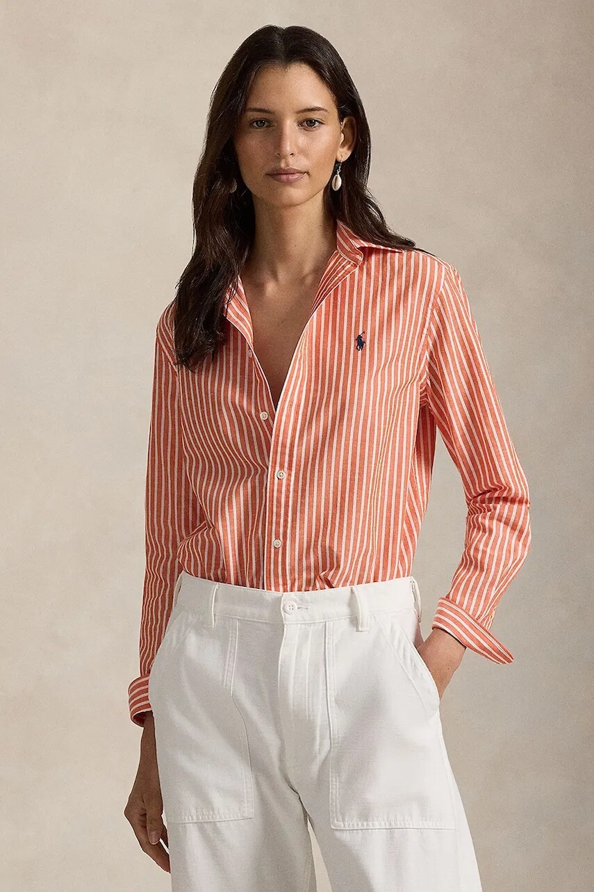 Košeľa s prímesou ľanu Polo Ralph Lauren oranžová farba, regular, s klasickým golierom, 211971514