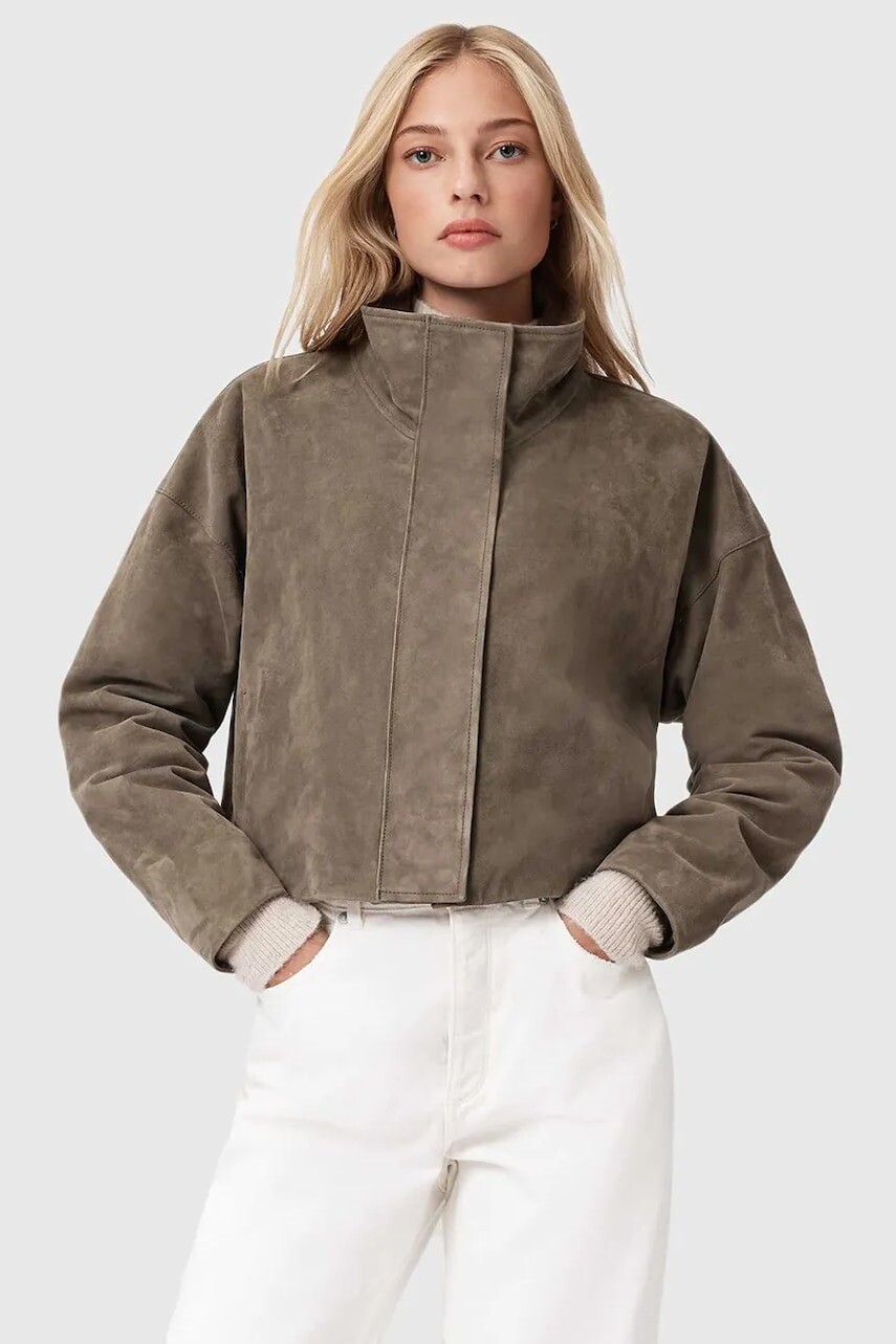 Semišová bunda AllSaints béžová farba, prechodná, W092LD