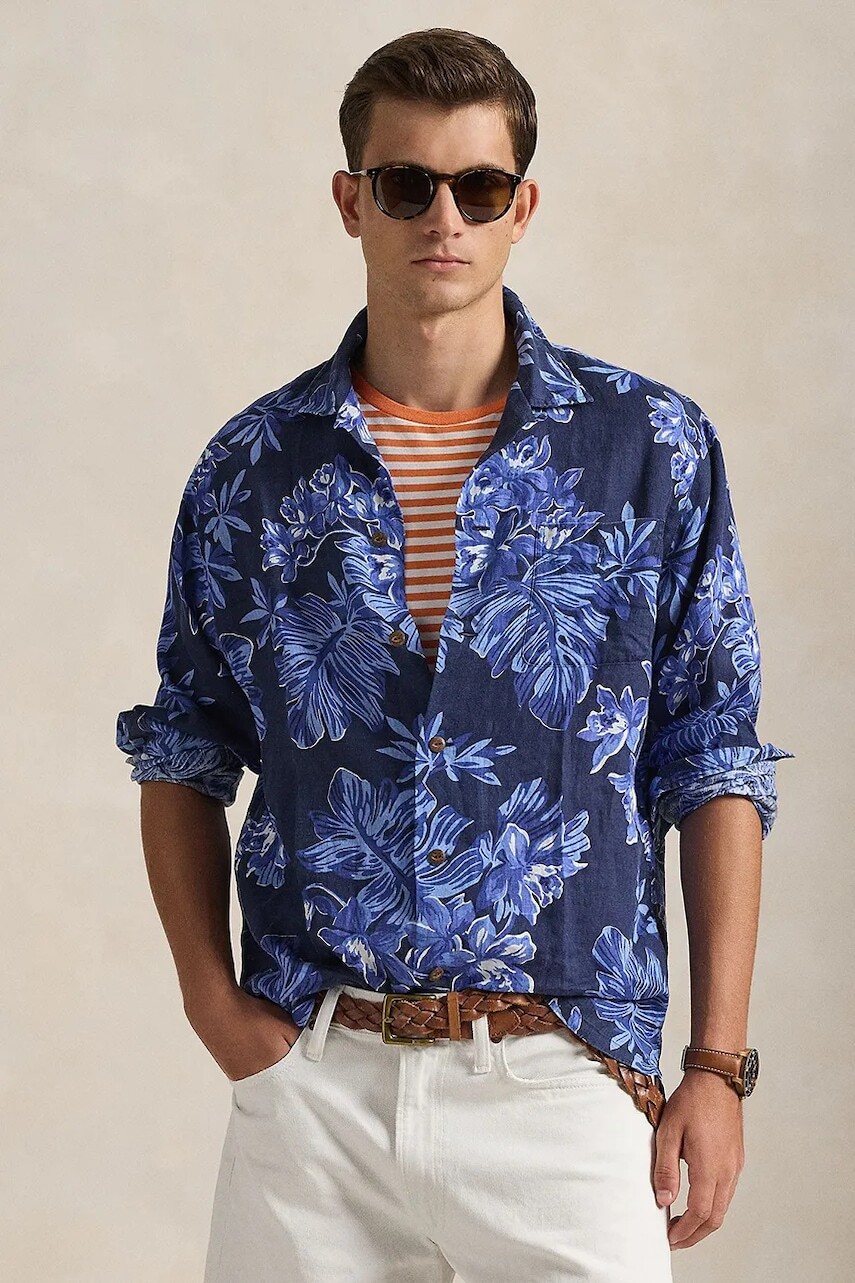 Ľanová košeľa Polo Ralph Lauren tmavomodrá farba, regular, 710P04449