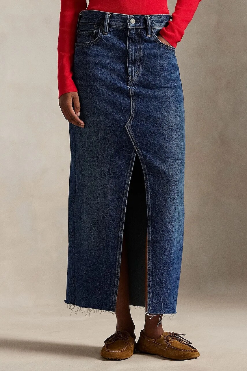 Rifľová sukňa Polo Ralph Lauren tmavomodrá farba, midi, rovný strih, 211A95501