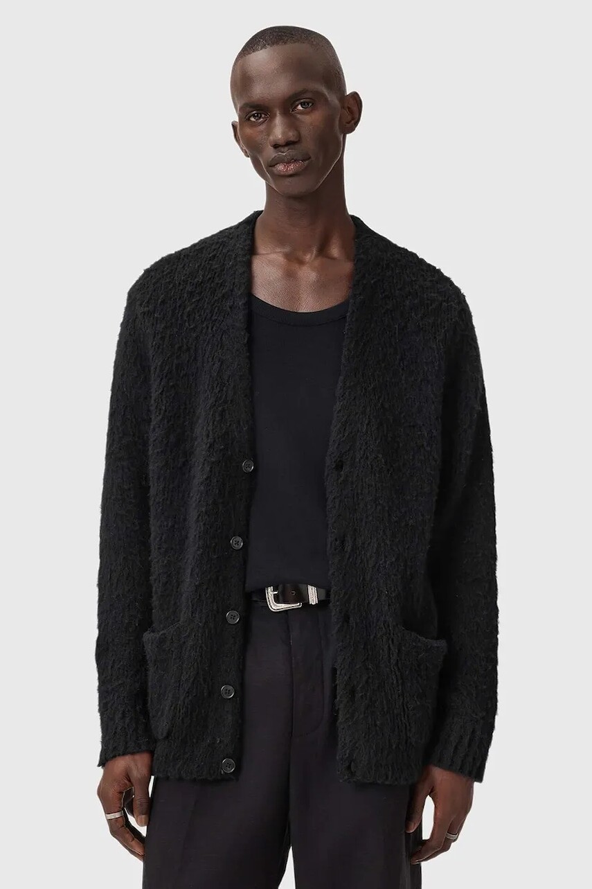 Kardigan s prímesou vlny AllSaints čierna farba, M026KD
