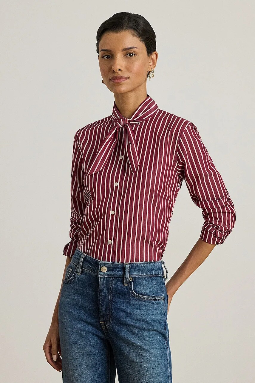 Bavlnená košeľa Lauren Ralph Lauren červená farba, regular, s viazaním vo výstrihu, 200P03515