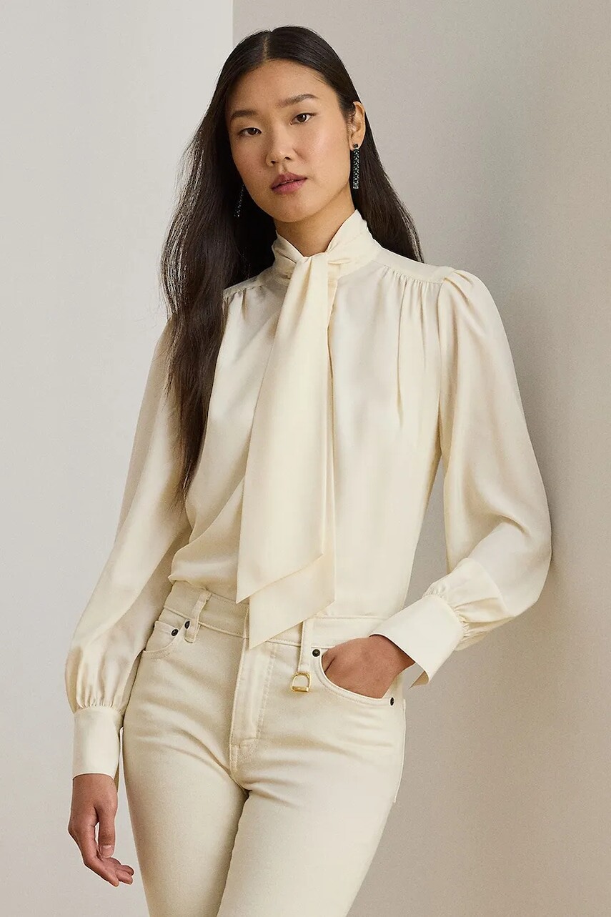 Košeľa Lauren Ralph Lauren béžová farba, regular, s viazaním vo výstrihu, 200P14083