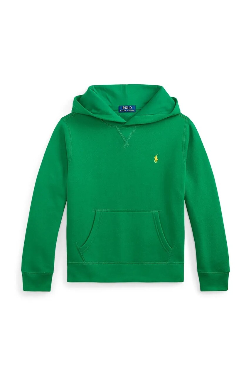 Detská mikina Polo Ralph Lauren zelená farba, s kapucňou, s nášivkou, 323749954502