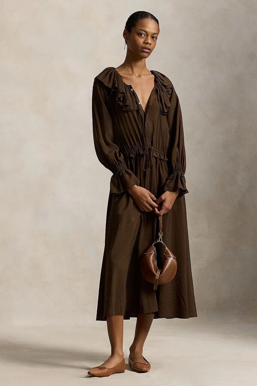 Šaty Polo Ralph Lauren hnedá farba, midi, áčkový strih, 211A96366