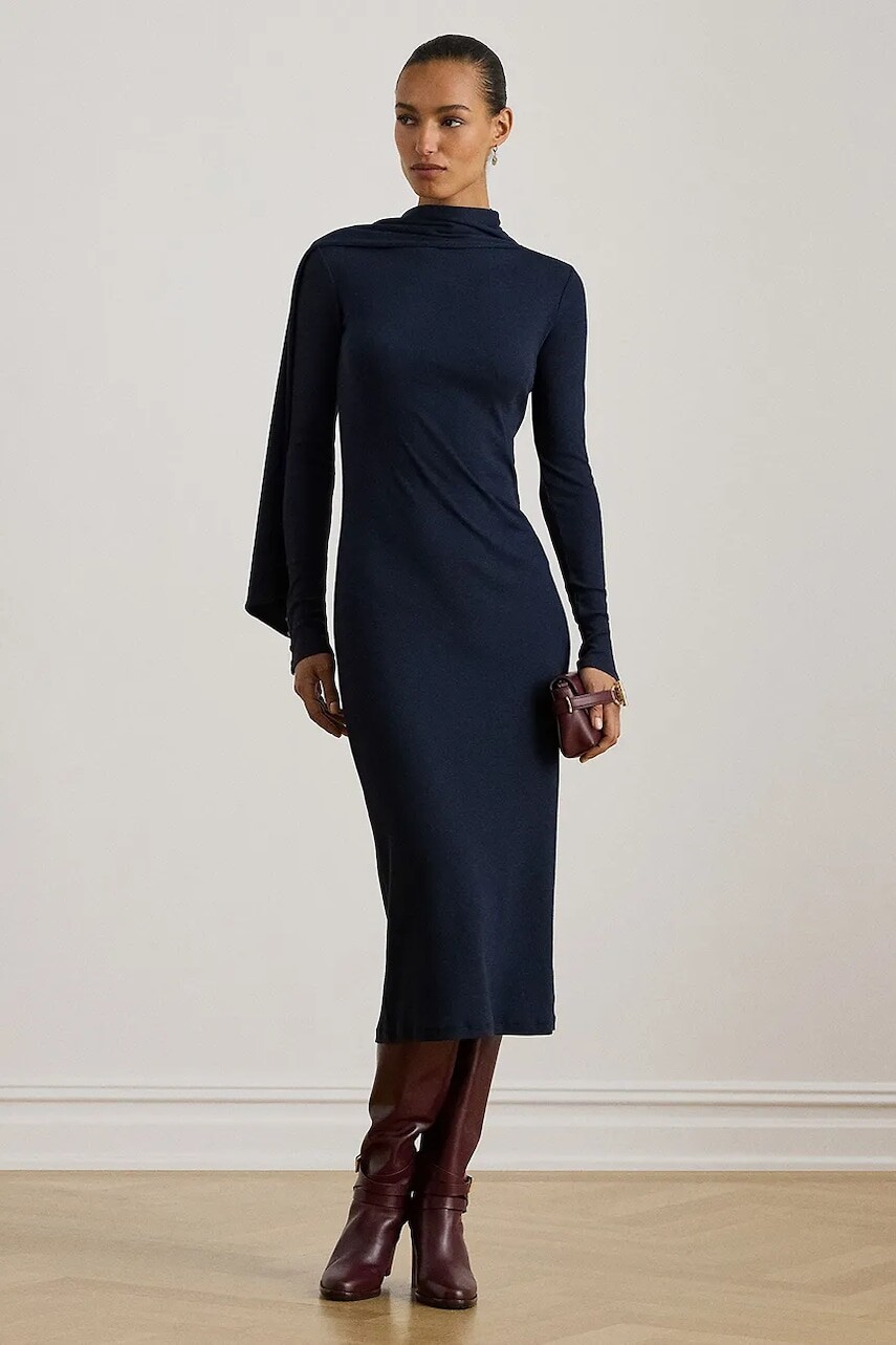 Šaty Lauren Ralph Lauren tmavomodrá farba, midi, priliehavé, 200P03733