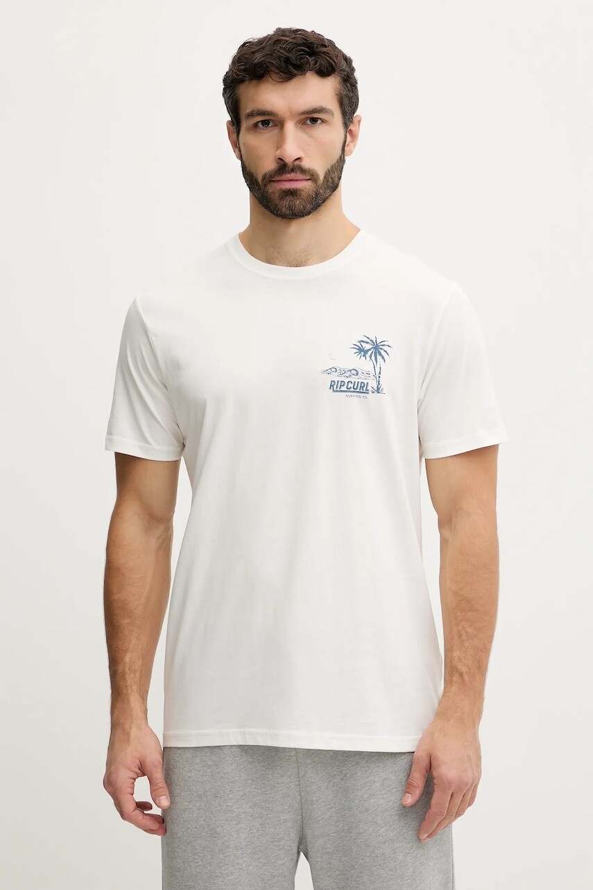 Bavlnené tričko Rip Curl pánske, béžová farba, s potlačou, 0TYMTE