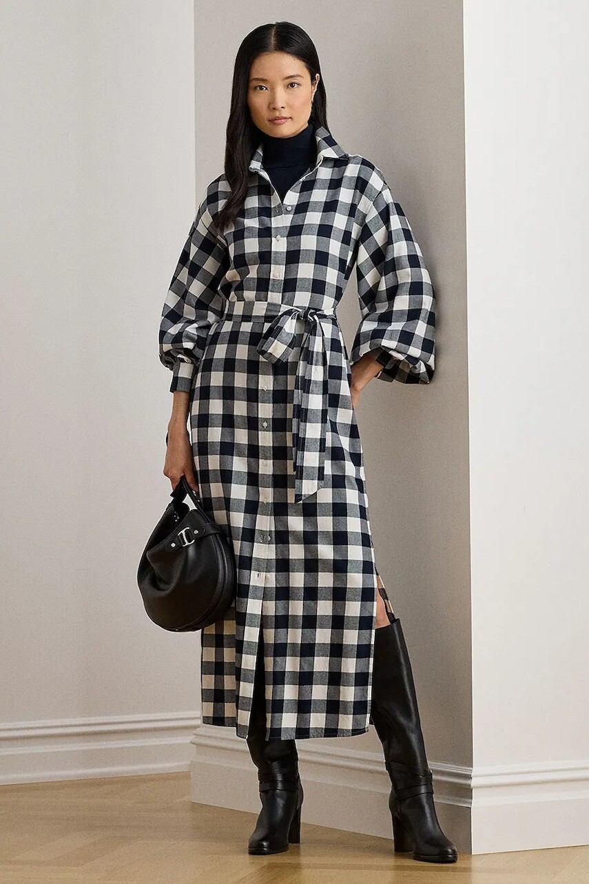 Bavlnené šaty Lauren Ralph Lauren tmavomodrá farba, midi, rovný strih, 200P03519