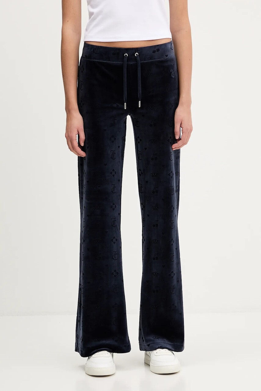 Velúrové tepláky Juicy Couture Monogram Lisa tmavomodrá farba, vzorované, JCWBJ125303