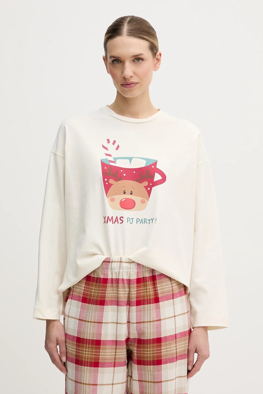 Pyžamové tričko s dlhým rukávom United Colors of Benetton béžová farba, 3DKE3M07Y