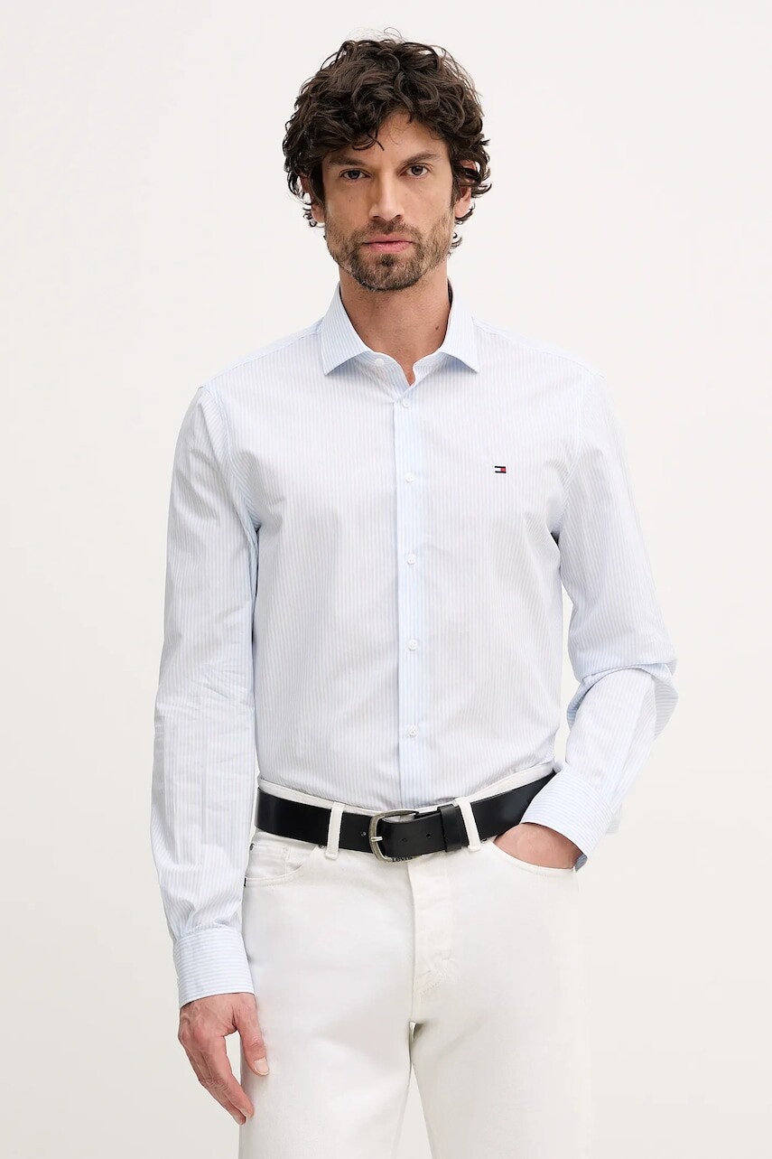 Bavlnená košeľa Tommy Hilfiger modrá farba, slim, s talianskym golierom, MW0MW41657