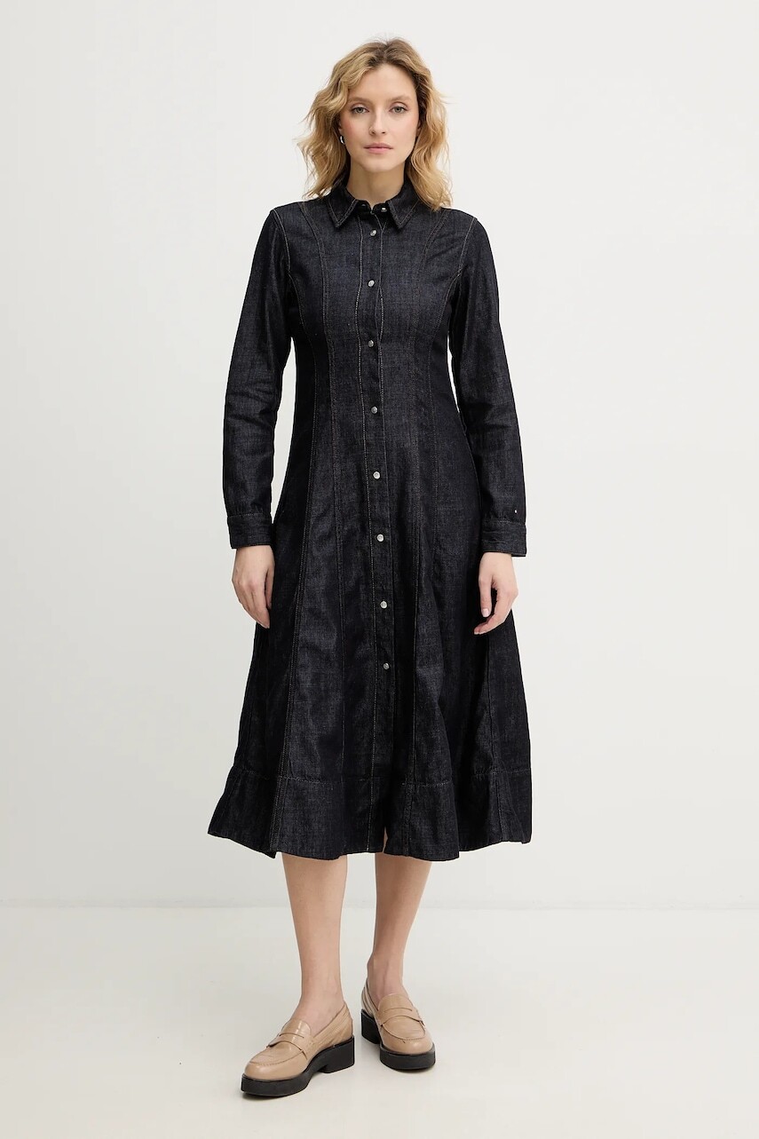 Rifľové šaty Tommy Hilfiger tmavomodrá farba, midi, áčkový strih, WW0WW48520