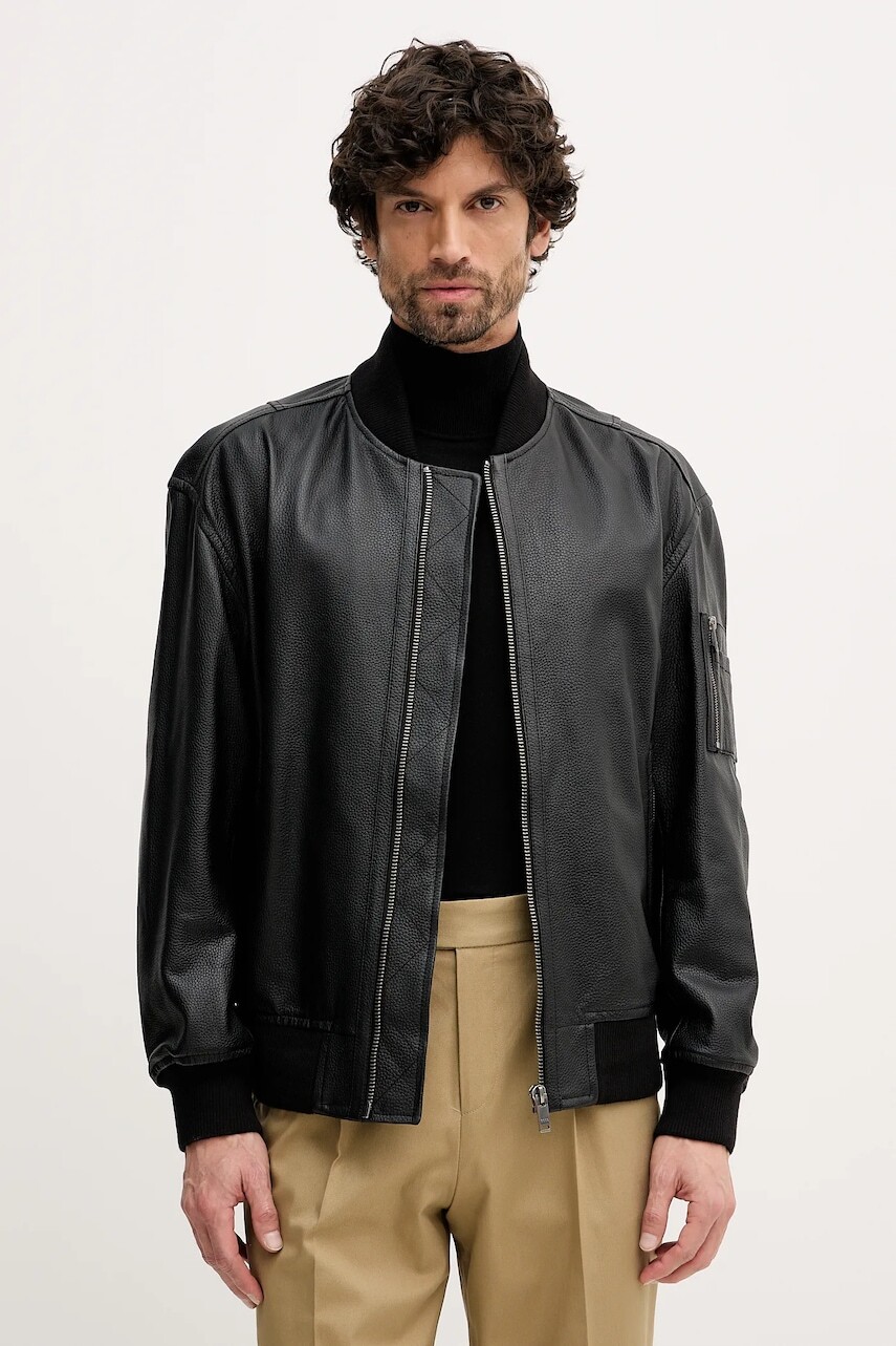 Kožená bunda BOSS Orange Jakri čierna farba, prechodná, 50552151